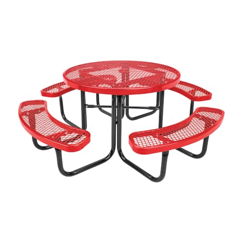 Barco Products SuperSaver 46 in Round Commercial Picnic Table, Red - Thermoplastic-Coated Expanded Metal, Seats 8, Portable or Surface Mount, 2 in Umbrella Hole, 10-Year Warranty