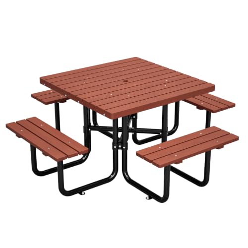 KEIKI 80.8" Square Picnic Table Set with Built-in Benches, Solid Wood Top