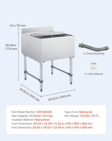 VEVOR Commercial Ice Bin, 79.9 Qt Max Capacity, 24 x 24 x 33 Inch Stainless Steel Ice Chest with Sliding Lid, 24H Long-Lasting Insulation, Cooler Cart Cocktail Unit for Bar Restaurant Pub, NSF