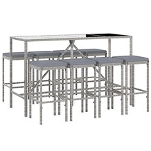 Xolmizyn 9-Piece Outdoor Patio Bar Set, PE Rattan Pub Table and 8 Stools with Cushions, Grey Garden Furniture Dining Set for Backyard Poolside