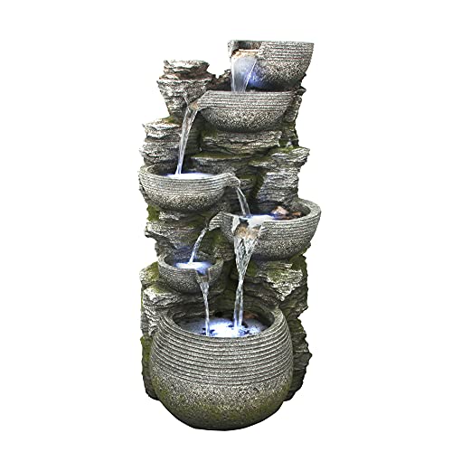 Litedeer 6 Tiered Cascading Stone Water Fountain with LED Lights & Auto-Pump – XL 40-Inch Tall Outdoor Garden & Home Office Fountain (Model: DGF-173012, Grey)