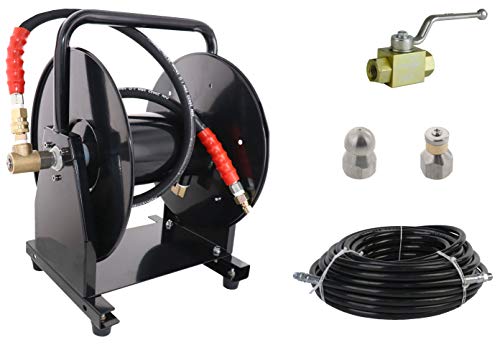 Schieffer Sewer Jetting Kit - Ball Valve Hose Reel 3/8" x 100' Sewer Jetting Hose Button Nose and Rotating Nozzles