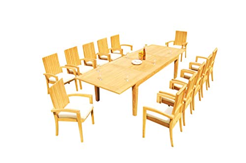 WholesaleTeak 12 Seats 13 Pcs Grade-A Teak Wood Dining Set: 122" Caranas Double Extension Rectangle Table and 12 Goa Stackng Arm Chairs #WHDSGO