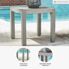 Signature Design by Ashley Moonlight View Contemporary Weather Resistant Outdoor End Table with Sintered Stone Top, Light Gray