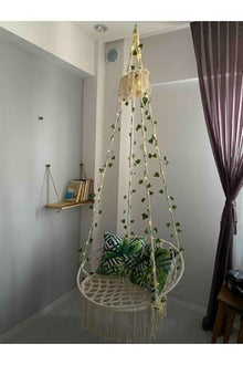 Macrame Hammock Swing Chair, Ecru, One Size, Handmade Cotton Rope, 23.6 x 31.5 in Seat/Back, 220.5 lb Capacity, Scandinavian Style, Includes Steel Anchor & Hook