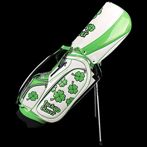 Guiote Golf Stand Bag Pu Leather Golf Carry Bag Embroidery Series 8-Ways 9.0" White Lucky Clover