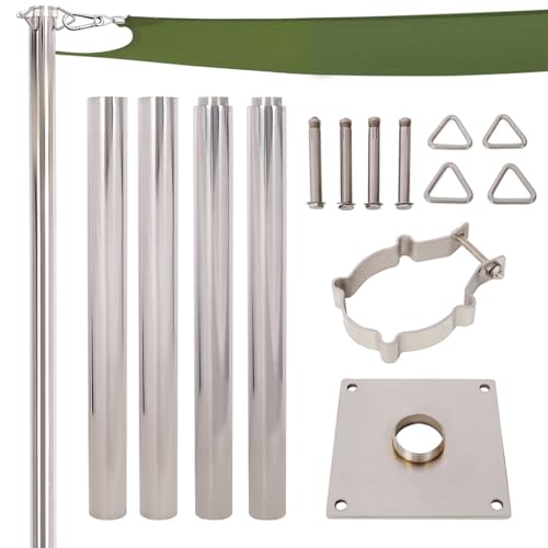 12FT Shade Sail Pole, Heavy Duty 304 Stainless Steel Sun Shade Sail Pole with Base Plate, Adjustable Triangular Ring Clamp System, Shade Sail Support Post Kit for Patio, Garden, Deck, Backyard