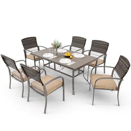Pamapic 8504 Patio Dining 7 Piece, Outdoor Wicker Furniture Set for Backyard Garden Deck Poolside/Iron Slats Table Top, Removable Cushions, 7 Pack, Beige