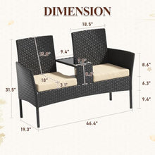 1 Pcs Outdoor Rattan Double Seat Loveseat with Solid Non-hollow Middle Side Table & Padded Cushions, Weather Resistant Outdoor Patio Furniture Set for Patio, Backyard, Garden, Porch(Beige-Black)