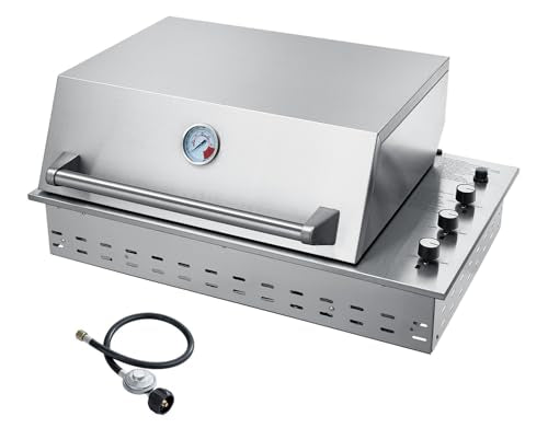 34 Inch Built In Gas Grill, 3 Burner Propane, High Hood for Outdoor Kitchen