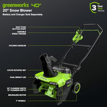 Greenworks 40V 20in Snow Blower, Battery and Charger Not Included