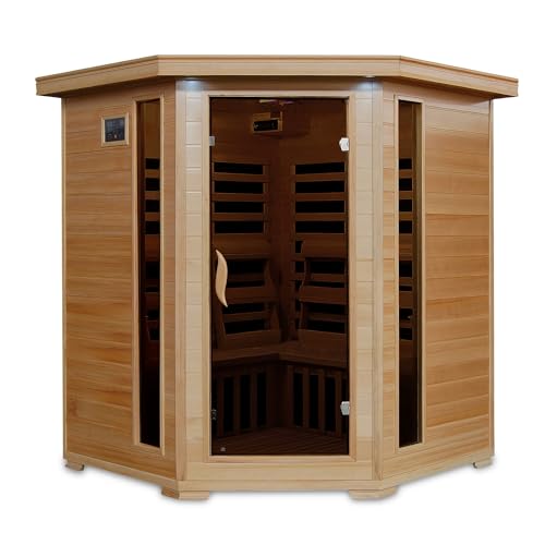 HEATWAVE Tucson 4 Person Hemlock Low EMF Infrared Wood Sauna for Home & Indoor Relaxation – With 9 Carbon Heaters, Chromotherapy Lighting, Tempered Glass Door, Built-In Stereo Sound System