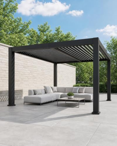 IDEALHOUSE 12x16FT Louvered Pergola All-Aluminum Louvered Pergola – Modern Outdoor Hardtop Gazebo with Adjustable Louvers, Reinforced Frame, Integrated Drainage – Heavy Duty, Rustproof – Grey