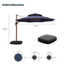 13' x 13' Round Wood Pattern Cantilever Umbrella With Wheeled Base,Navy