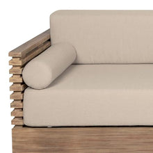 Armen Living Vivid Outdoor Patio Sofa in Light Eucalyptus Wood with Taupe Olefin Cushions