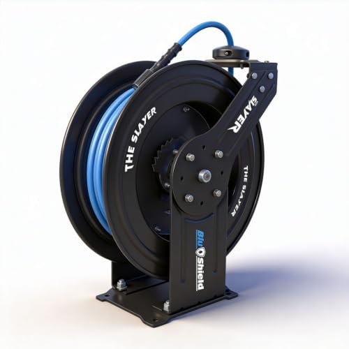 Blu Shield The Slayer Hybrid Pressure Washer Hose Reel, 1/4 in x 100 ft, 3500 PSI, Kink-Resistant, Hot/Cold Water, Brass M22 Fittings, Blue