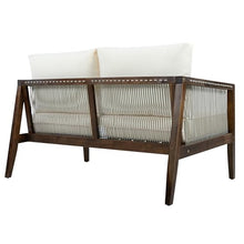 Merax Outdoor 4-Piece Sofa Set with Acacia Wood Frame & Rope Detail, 2 Club Chairs, Loveseat & Coffee Table, Water-Repellent Beige Cushions for Patio, Backyard & Deck, Dark Brown