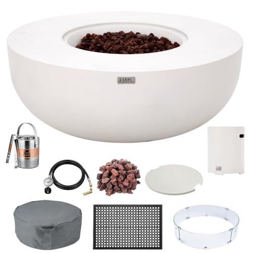 AMS 44" Round Concrete Propane Gas Fire Pit Table Bowl Bundle (Cream White)