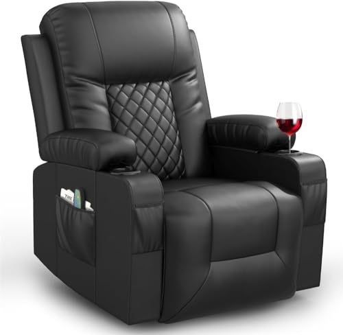Luxury Recliner Chair with Heated Massage Function, Modern Swivel Rocker Lounge Reclining Seat with Side Pocket, Cup Holders, Ergonomic Living Room Recliners for Adults, Black