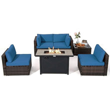 6PCS Patio Furniture Set Rattan Cushioned Sofa Gas Fire Pit Table Navy
