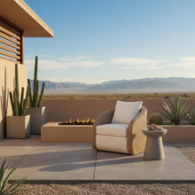 Armen Living Pavilion Natural Rattan and Metal Outdoor Lounge Chair with Boucle White Cushions
