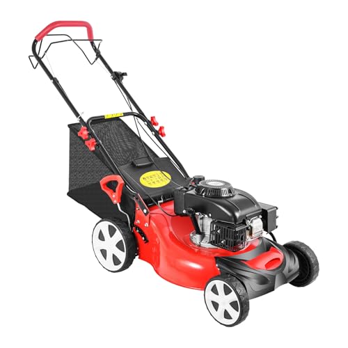 20inch Gas Powered Lawn Mower w/Grass Collecting Bag 173CC 4-Stroke Self Propelled Walk Behind Push Mower,3 in 1 Engine 8 Gear Adjustable Heights 8" Front & 10" Rear Wheel,for Yards Planting Weeding