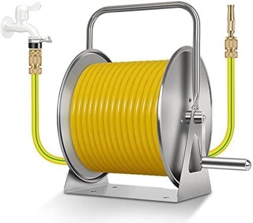 DOIBG Retractable Hose Cart Wall/Floor Mount Hose Reel Garden Hose,Stainless Steel Water Hose Rack-25m Water Pipe Reel Set