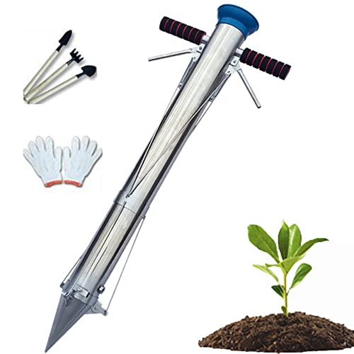 Bulb Planter Set， Handled Long Garden Bulb Planter Tools and Vegetable Seedling Tool Manual Plant Transplanter Multi-Functional with Pedal and Rangefinder for Greens Onion Radish Beets Lettuce