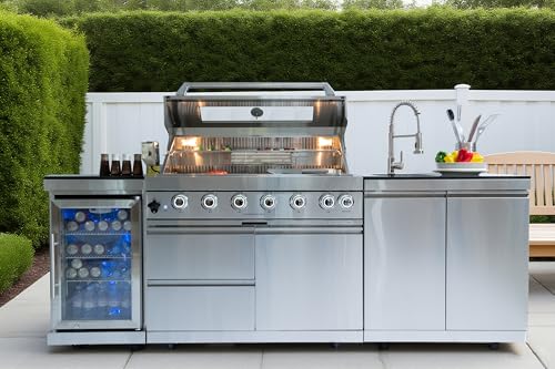 6-Burner Stainless Steel Modular Outdoor Kitchen Grill Built in Combo, 85000 BTU Gas Grill, Refrigerator, Electric Rotisserie, Sink&Faucet, Storage Cabinets&Drawers, Granite Countertops, Pull-out Tray