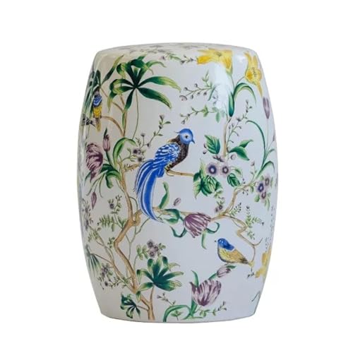 DESALAI Decorative Drum Stool with Flowers & Butterflies - Glazed Ceramic Bohemian Garden Seat for Patio and Living Room