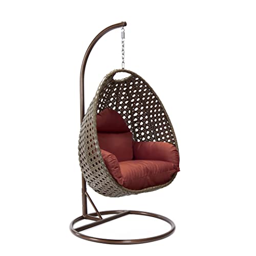 LeisureMod Wicker Rattan Hanging Egg Swing Chair with Stand & Cushion - Cherry Swing Chair for Indoor/Outdoor, Patio, Bedroom, Lounge Seat