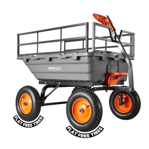 VEVOR Garden Dump Cart 1500lbs 15 Cu.Ft, Heavy Duty Wheelbarrow with Convertible Handle and 16" Flat Free Tires, Outdoor Yard Wagon ATV Trailer Dump Cart Tow Behind for Lawn Mower Tractor