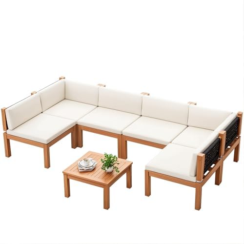 Devoko 7 Pcs Acacia Wood Patio Sectional Coach Sofa 81'' L x 54''W