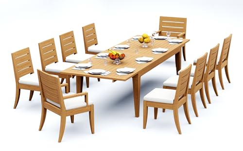TeakStation 10 Seater Grade-A Teak Wood 11 Pc Dining Set: 122" Caranas Double Extension Rectangle Table and 10 Atnas Chairs (2 Arm & 8 Armless Chairs) #31AT2902