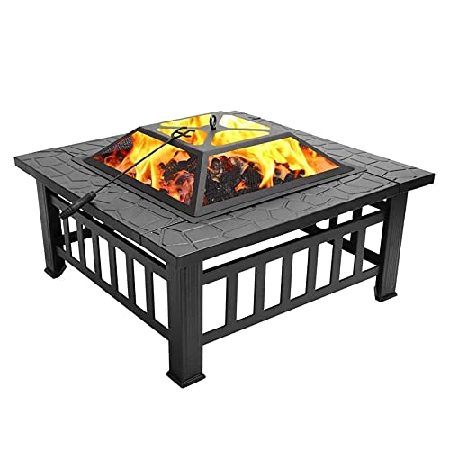Outdoor Portabl Metal Fire Pit, 32-Inch Barbecue Square Table, Backyard Patio Garden Stove, Wood-Burning Fireplace