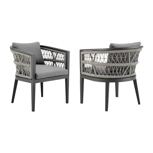 Armen Living Zella Outdoor Patio Dining Chair Set of 2 Aluminum Light Gray Rope with Earl Gray Cushions