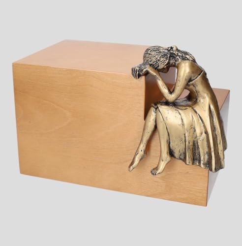 Modern ashes casket Unique Memorial Cremation Urn Artistic Sculpture urn GRIEF (Bronze Plated/Light Walnut)