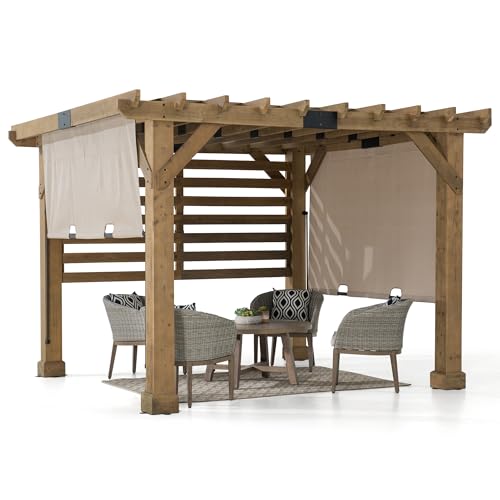 SummerCove Sunjoy Cedar Pergola 10x11 ft with Adjustable Canopy and Privacy Screen Tan