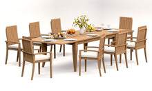 TeakStation 8 Seater Grade-A Teak Wood 9 Pc Dining Set: 122" Atnas Double Extension Rectangle Table and 8 Goa Stackng Arm Chairs #31GO2808