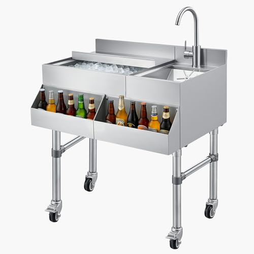 VEVOR Commercial Ice Bin with Sink & Faucet, 60 Qt Max Capacity, 24 x 19 x 35 Inch Stainless Steel Ice Chest with Sliding Lid and Bottle Holders, Cooler Cart Cocktail Unit for Bar Restaurant Pub