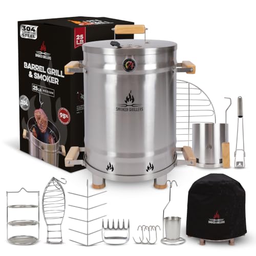 Smoked Grillers Barrel Smoker Grill Combo | 100% Stainless Steel Barrel | 95% Less Smoke, Even Heat | Easy to Use & Clean – Vertical Smoker Ideal for Balconies and Backyards (MEDIUM-25 LBS)