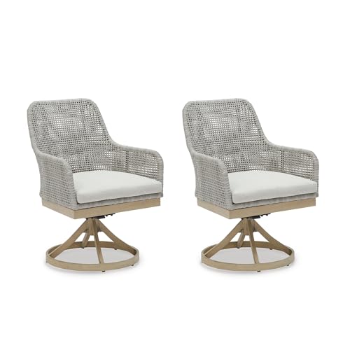Signature Design by Ashley Seton Creek Cottage Nuvella Weather Resistant Fabric Outdoor Swivel Dining Chair with Cushion, Set of 2, Light Brown & Light Gray
