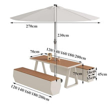 MJJRWF Outdoor Table and Chair Set with Sun Umbrella, WPC Table with 2 Benches for Coffee Shop/Restaurant/Backyard – Family Dining Patio Furniture(White,140x70x75cm)