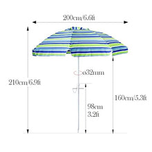 LumaGrove 200cm Windproof Beach Umbrella Outdoor Striped Patio Umbrella with Tilt and 8 Ribs, Sun Shade Parasol with Bag