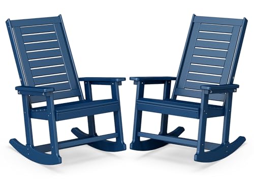 BRIOPAWS Outdoor Rocking Chairs | Set of 2 | Porch Rockers | HDPE Plastic| Blue | Oversized | Patio Rocker Chair | High Back | for Big Man | Weather Resistant | for Outside Deck Balcony Front Backyard