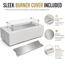 Golden Flame 55-Inch Rectangle Propane Fire Pit Table Bundle with Glass Wind Guard & Stainless Steel Burner Cover – Hidden Tank Outdoor Gas Fire Table, GFRC Concrete Fire Pit, 65,000 BTU - White