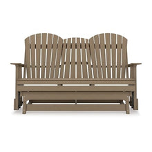Benzara 67 Inch Outdoor Adirondack Glider Loveseat with Dropdown Cupholders Brown