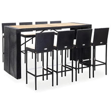 Benzara 9pc Outdoor Bar Table Set with 8 Chairs Black Poly Rattan, Acacia Wood