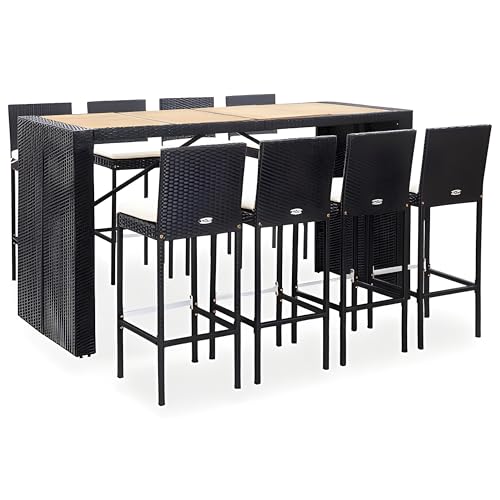 Benzara 9pc Outdoor Bar Table Set with 8 Chairs Black Poly Rattan, Acacia Wood