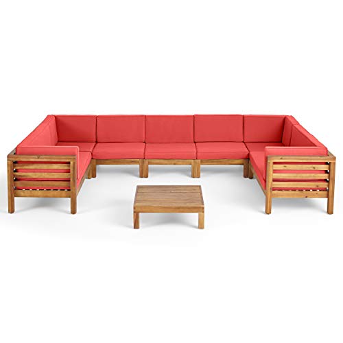 Great Deal Furniture GDFStudio Outdoor 9 Seater Acacia Wood Sectional Sofa Set, Teak Finish and Red
